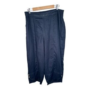Foil Genie Lantern Leg Linen Pants US Size 12 Navy Blue Tulip Button Hem Cropped